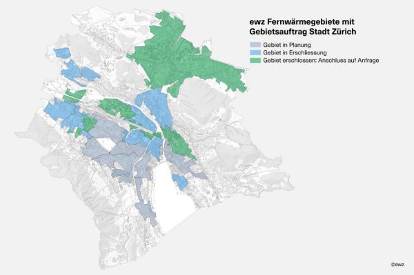ewz Fernwärmegebiete mit Gebietsauftrag der Stadt Zürich. Die Farbe Grau steht für "Gebiet in Planung. Die Farbe Blau steht für "Gebäude in Erschliessung". Die Farbe Grün steht für "Gebäude erschlossen".