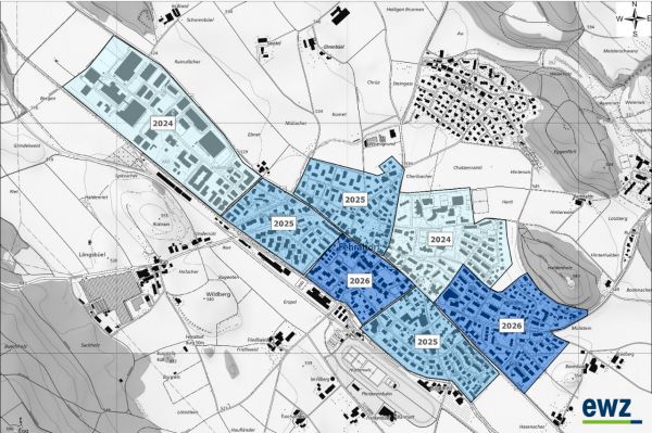 Map of Fehraltorf supply area – All buildings within the network area can be connected. Connection is optional – environmentally friendly heating with local energy has many advantages, as it already meets the requirements of future energy laws.