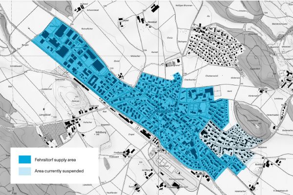 Map of Fehraltorf supply area – All buildings within the network area can be connected. Connection is optional – environmentally friendly heating with local energy has many advantages, as it already meets the requirements of future energy laws.