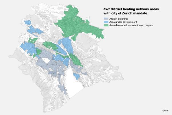 ewz district heating network areas with city of Zurich mandate. The colour grey stands for ‘area in planning’. The colour blue stands for ‘building being connected’. The colour green stands for ‘building connected’.